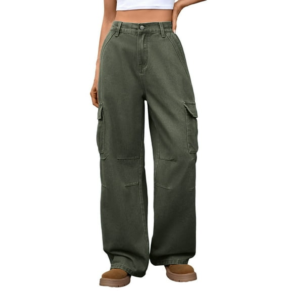 Luwomo Jeans for Womens Loose Fit Comfort Stretch High Waist Wide Leg Long Trousers Bootcut Everyday Wear with Pockets Denim Pants Army Green,L
