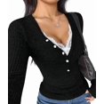 thumbnail image 2 of Women Lace Henley T Shirts Button Down Slim Fit Tops Long Sleeve V-Neck Tunic Top Blouse Black L, 2 of 8