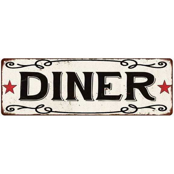 DINER Country Style w/Red Stars Vintage Look Metal Sign 8x24 108240078015