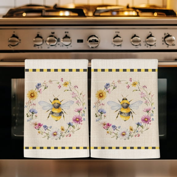 Summer Bee Kitchen Towels Set of 3, Farmhouse Vintage Country Wildflowers on Linen Absorbent Dish Towels for Kitchen, Microfiber Hand Towel, Quick Drying Tea Towel for Cleaning Decorative Dishcloths