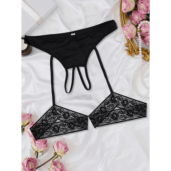 Women's Solid Color Open Crotch Thong with Lace Garter, Sexy Breathable Sweat-Absorbent Women's Underwear, Comfortable and Soft Open Crotch Thong