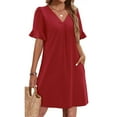 thumbnail image 2 of LNWUY Summer Casual Shift Dress for Curvy Women V Neck Ruffled Sleeves Loose Shirt Dresses with Pockets 2025 Red XL, 2 of 9
