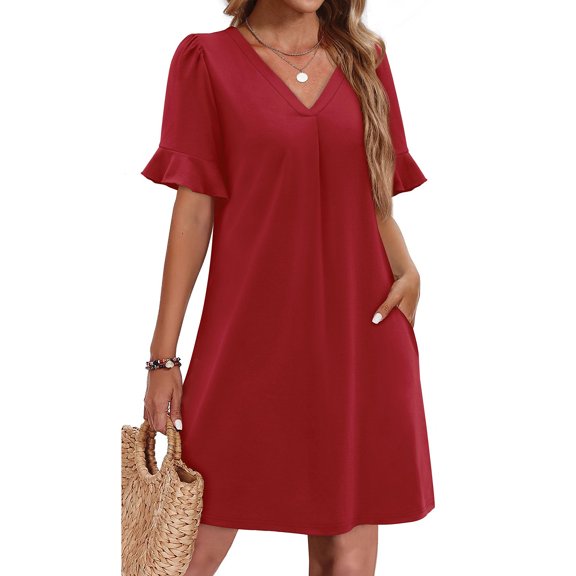 V-Neck Women's Dailly Knit T-Shirt Dress Ruffle Short Sleeve Pocketed Loose Fit Dress Perfect for Casual Outings and Family Vacations