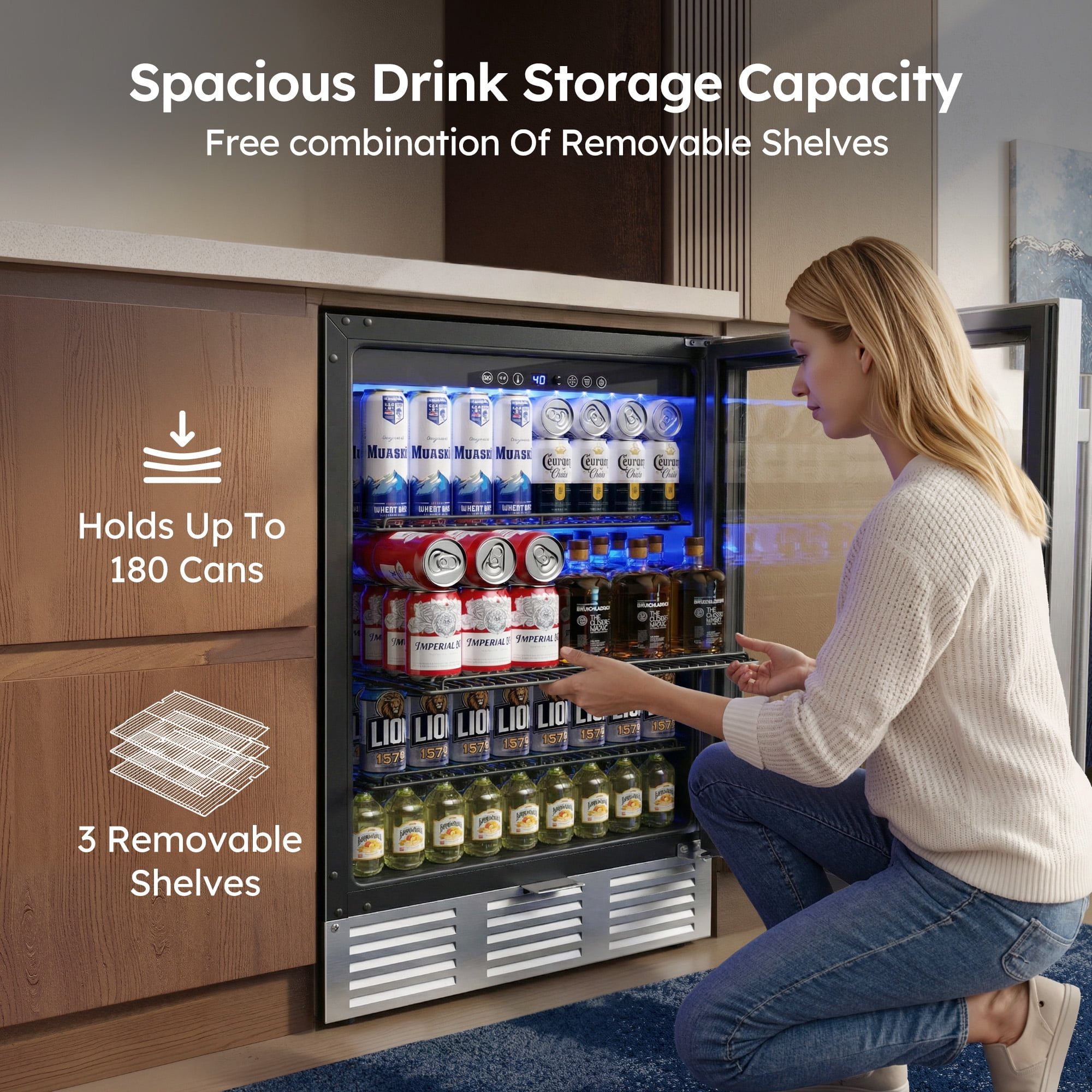 Simzlife  180 Cans Beverage Refrigerator, 24" Built-in Beverage Cooler, Under Counter Fridge with Glass Door,Black