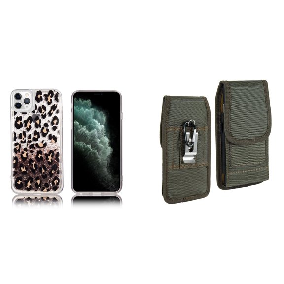 Liquid Glitter Case for iPhone 14 Pro and Belt Holster Pouch (Leopard/Green)