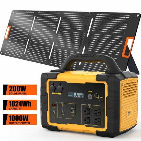 1000W Portable Solar Generator, 1024Wh LiFePO4 Battery Power Station with 200W Solar Panel, USB-C Power Bank for for Camping, Outdoor Travel, RV, and Home Emergency-Yellow