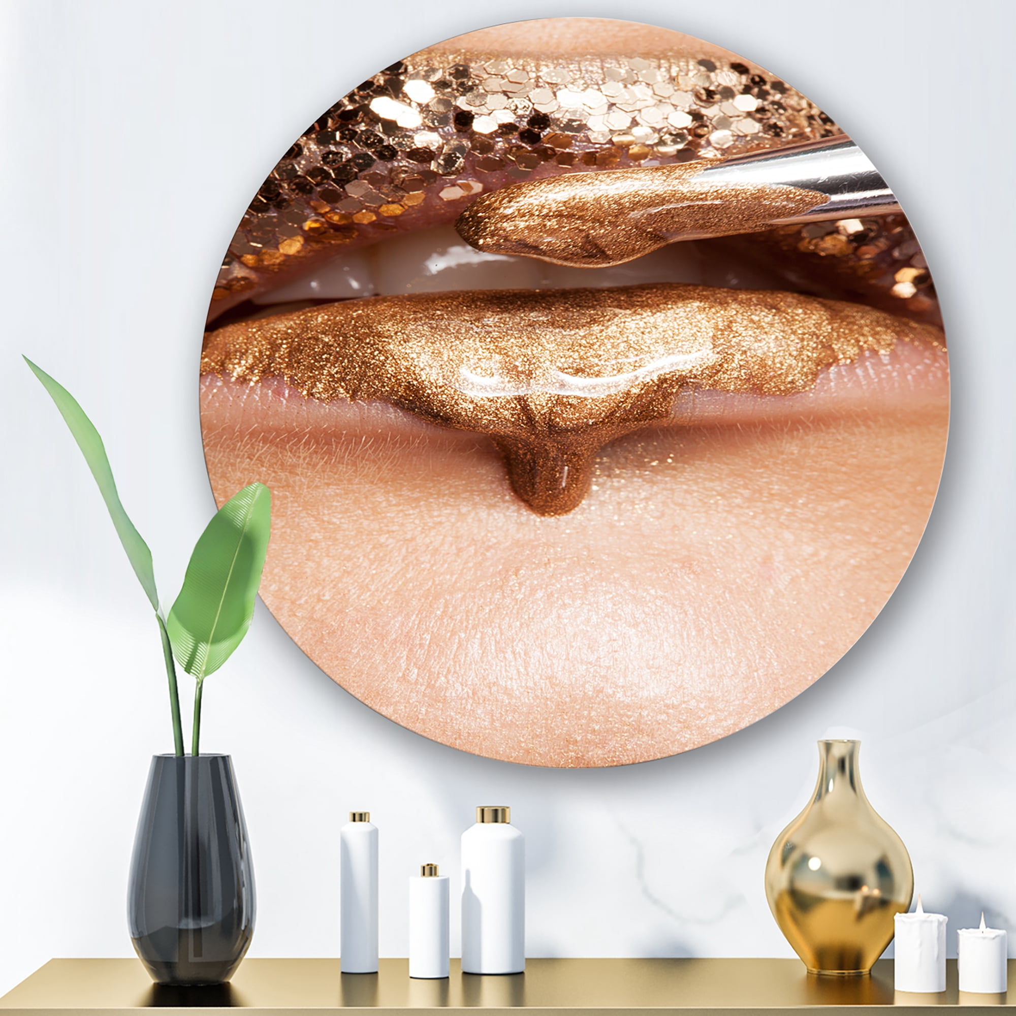 Designart 'Lipstick and Makeup On The Face Of A Beautiful Model' Modern Circle Metal Wall Art 23x23 - Disc of 23