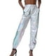 thumbnail image 2 of Pantalones de cintura alta para mujer, ropa informal de verano, pantalones metálicos, 2 of 3