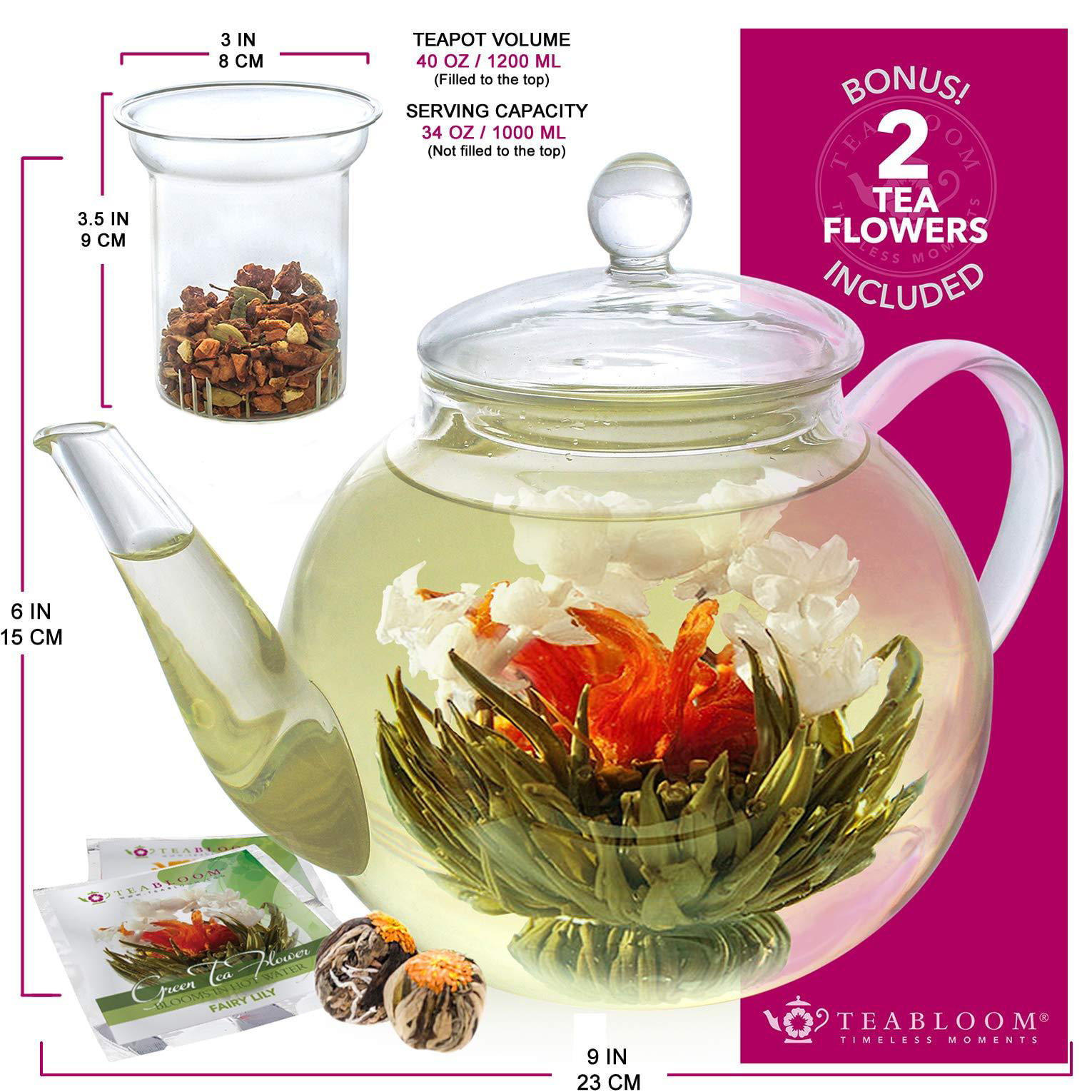Teabloom Princess of Monaco Teapot & Blooming Tea Gift Set (6 Pieces) -  Borosilicate Glass Teapot (34 oz / 1000 ml / 3-4 Cups), Porcelain Lid, Tea
