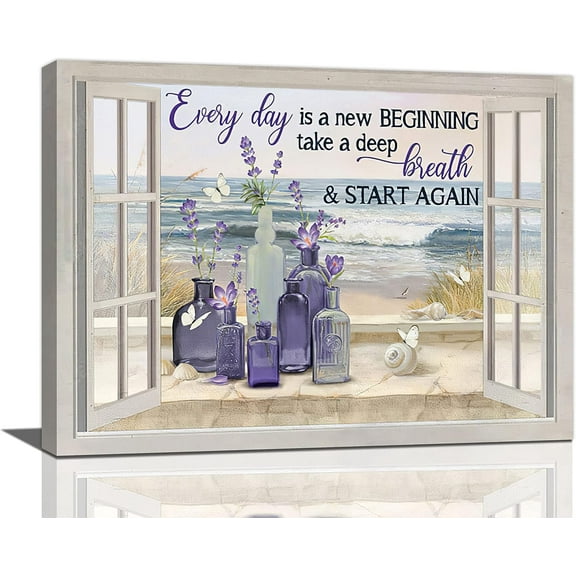 Farmhouse Lavender Flower Bathroom Decor Wall Art Rustic Country Butterfly Purple Window Beach Pictures Wall Decor Canvas Painting Prints Artwork Decorations Framed for Bedroom Bathroom 16"x12"