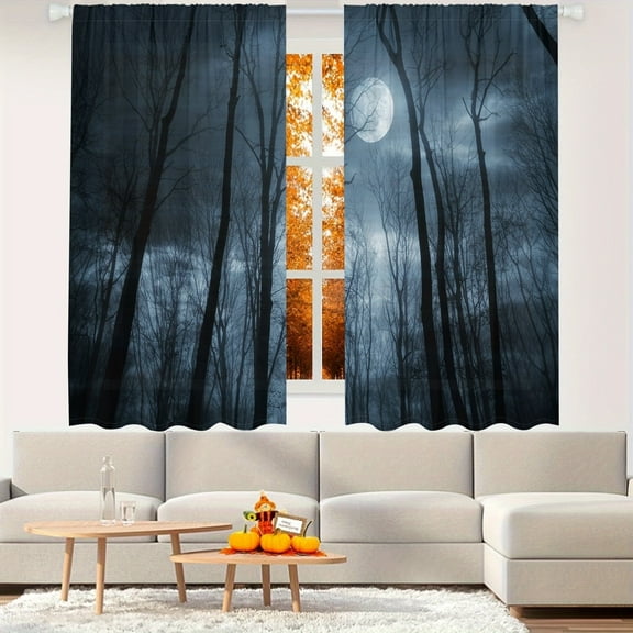 WNOOHIY Mystery Seclusion Moonlit Night Forest Trees Privacy Light-filtering Window Curtains for Bedroom and Living Room, 2 Panels