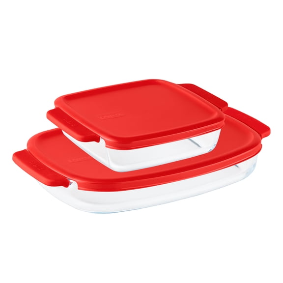 Pyrex® EZHold™ 8-Inch Square/3-Quart Rectangular Glass Baking Dish Set with Red Plastic Lids, 4-Piece
