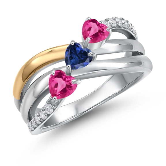 925 Silver and 10K Yellow Gold Pink Created Sapphire and Blue Created Sapphire and Lab Grown Diamond Engagement Ring for Women | 1.59 Cttw | Heart Shape Gemstone September Birthstone | Size 9