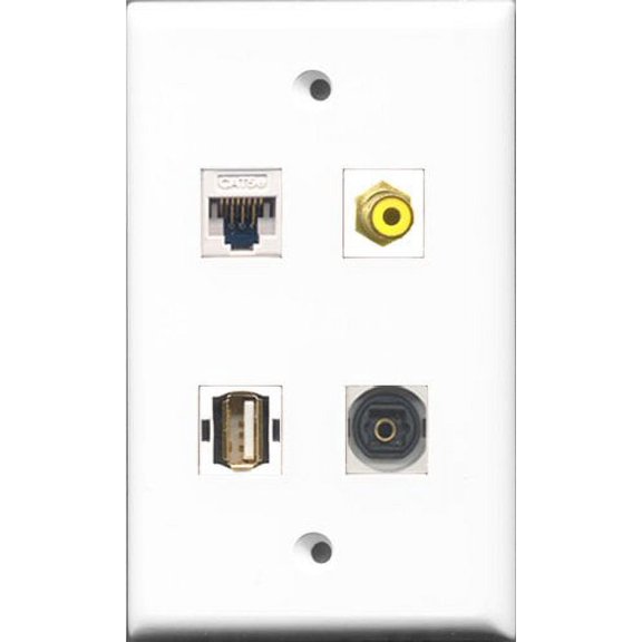 RiteAV 1 Port RCA Yellow and 1 Port USB A-A and 1 Port Toslink and 1 Port Cat5e Ethernet White Wall Plate