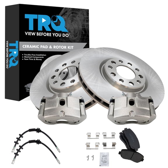 TRQ Front Brake Pad and Rotor Set Ceramic Rotors Calipers Hoses Fits 2014-2016 Dodge Dart