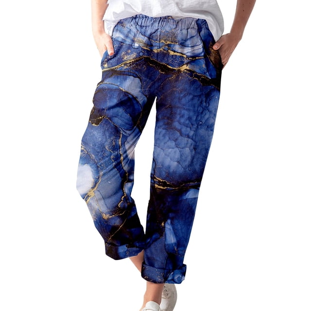 toraway Pantalons Décontractés pour Femmes Petites Poches en Coton et Lin Imprimé Mode TG