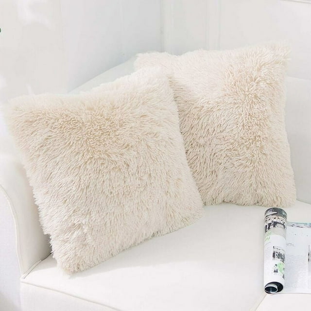 2 fundas de cojín de piel sintética, mullidas y suaves, cuadradas, para salón, sofá, dormitorio, coche, almohada decorativa de felpa, 45 x 45 cm, color beige