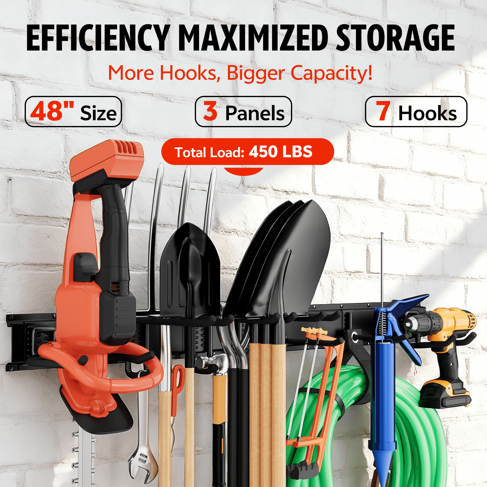 UNTIMATY 48" Garage Tool Organizer Wall Mount Garden Tool Storage Rack Hanger for Yard and Lawn with 7 Adjustable Hooks, 450 lbs Capacity