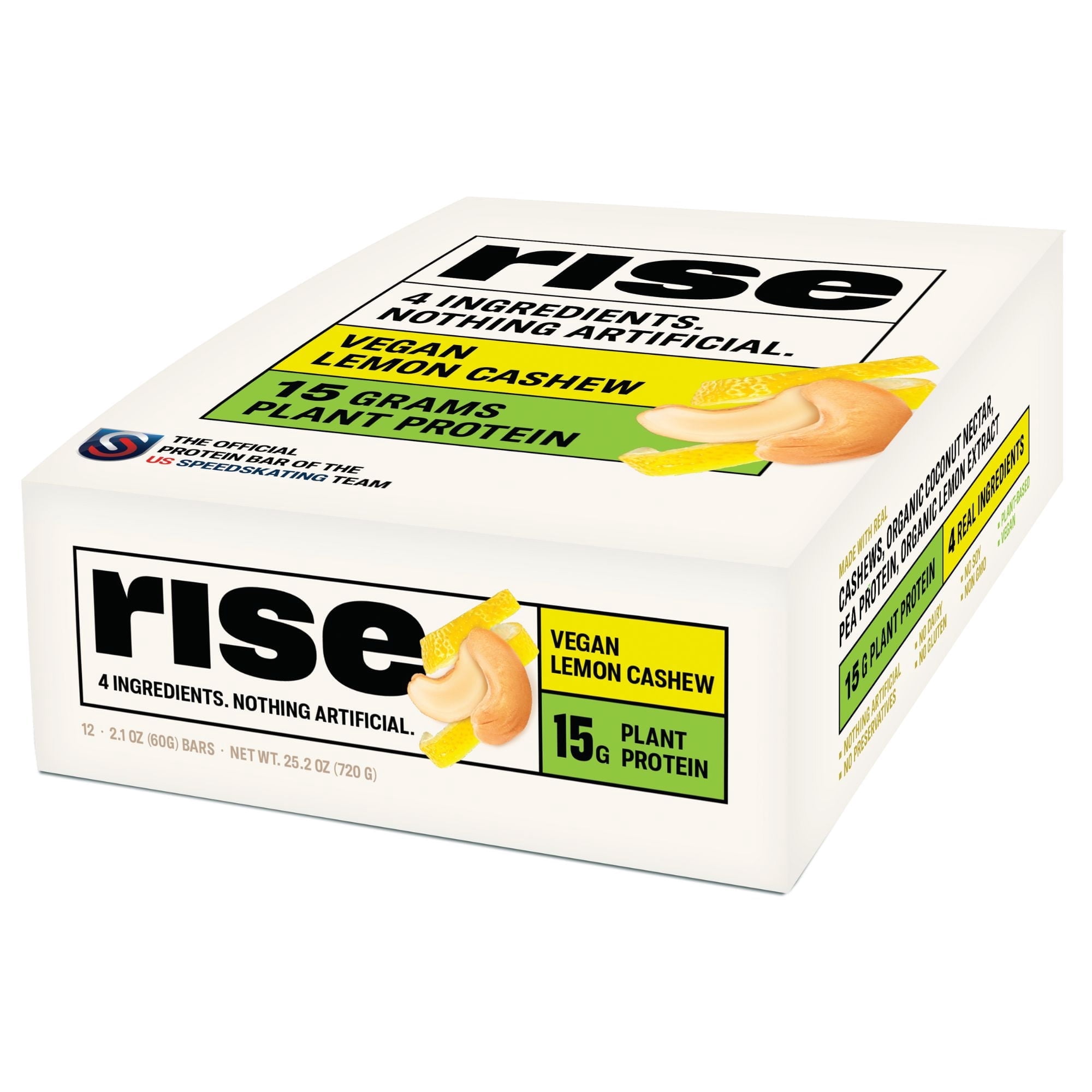 Rise Pea Protein Bars - Vegan Lemon Cashew | Breakfast Bar & Protein Snack | 15g Protein, 1g Fiber | Just 4 Ingredients | Non-GMO, Gluten-Free, Soy-Free | 12 Count