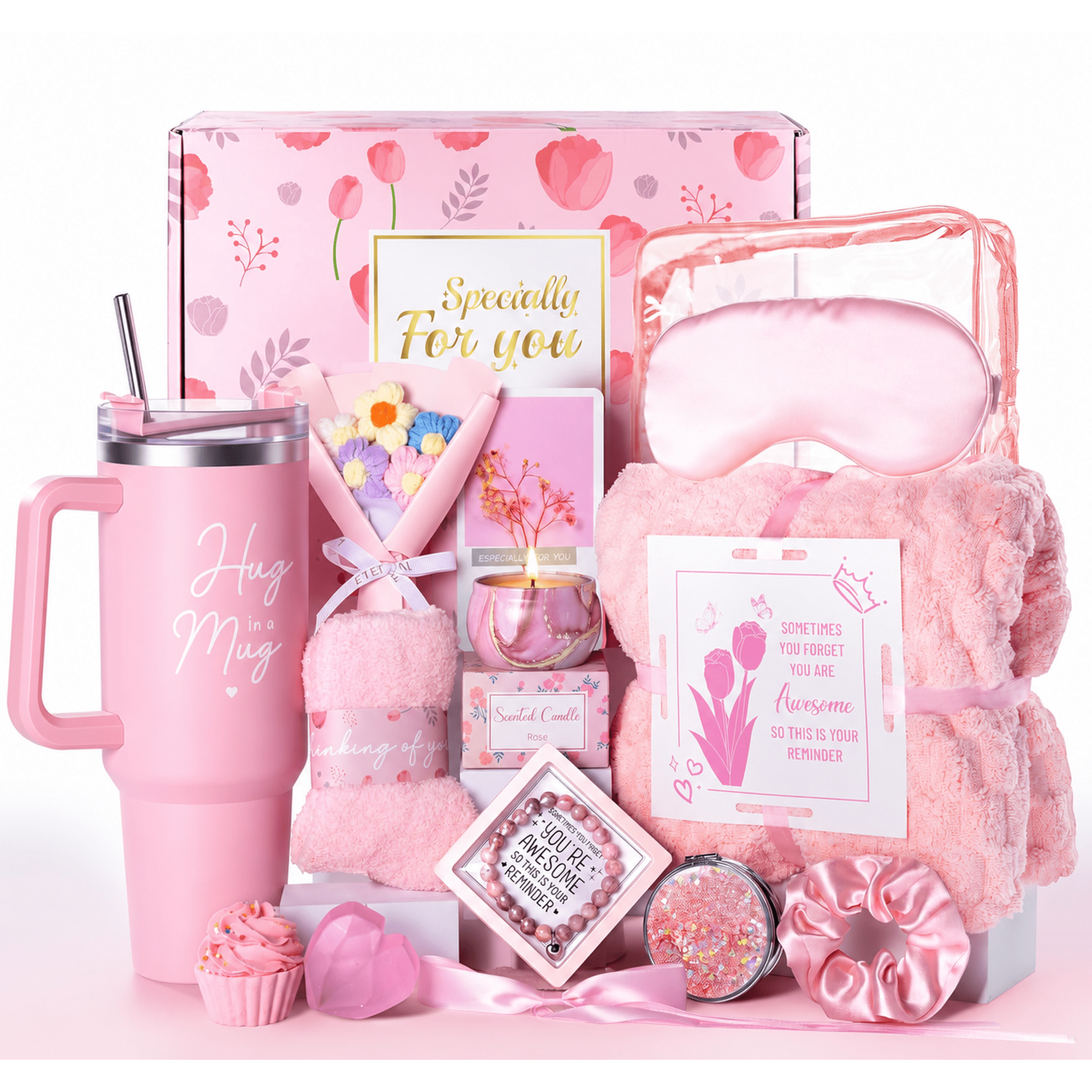 15Pcs Birthday Gifts for Women, Relaxing Spa Basket with Luxury Flannel Blanket and 40 oz Tumbler - Care Package for Her, Mom, Wife, Friends - Valentine's, Mother's Day, Christmas Birthday Gifts