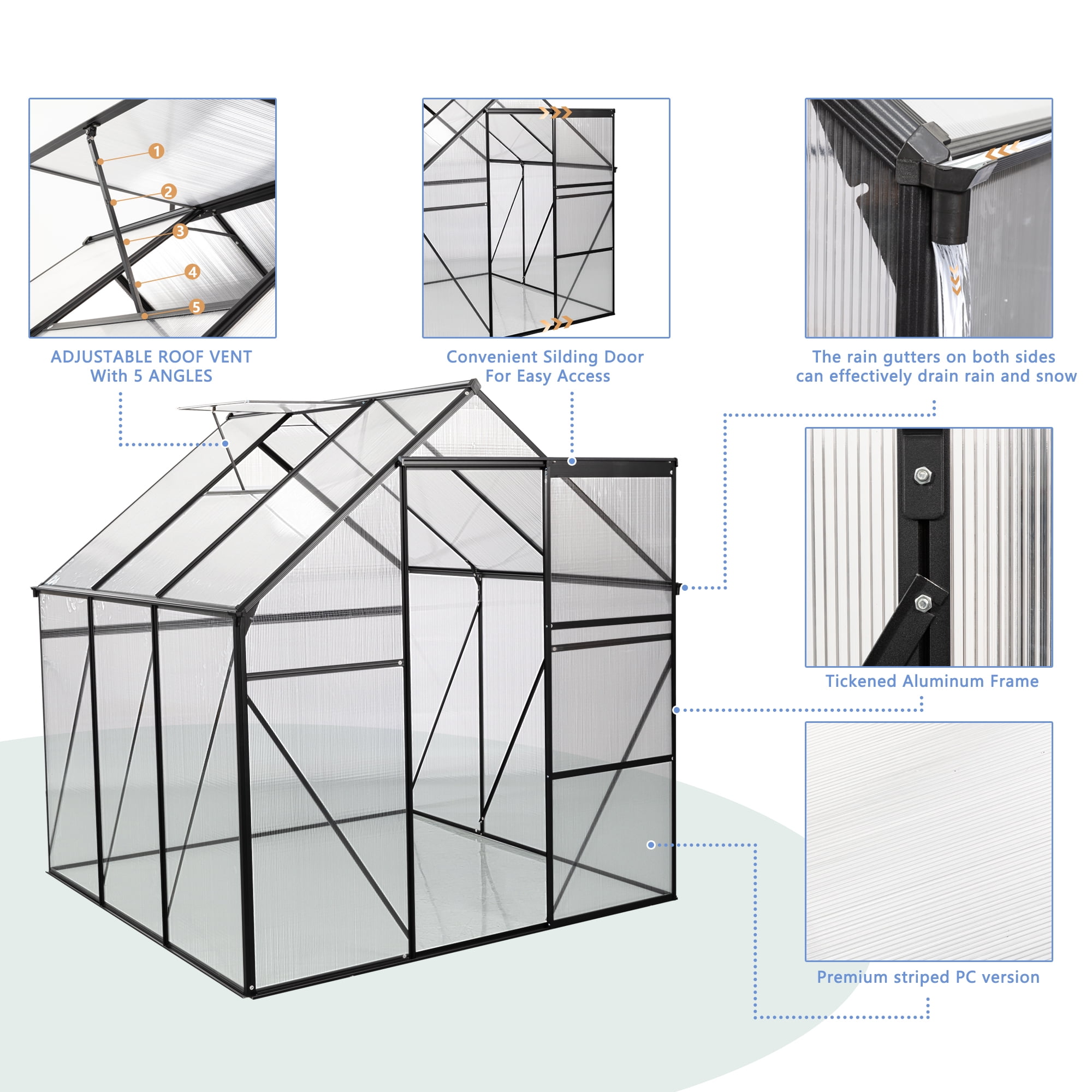 Roninkier 6X6 ft Walk-in Polycarbonate Greenhouse for Outdoor Backyard in All Season，Black