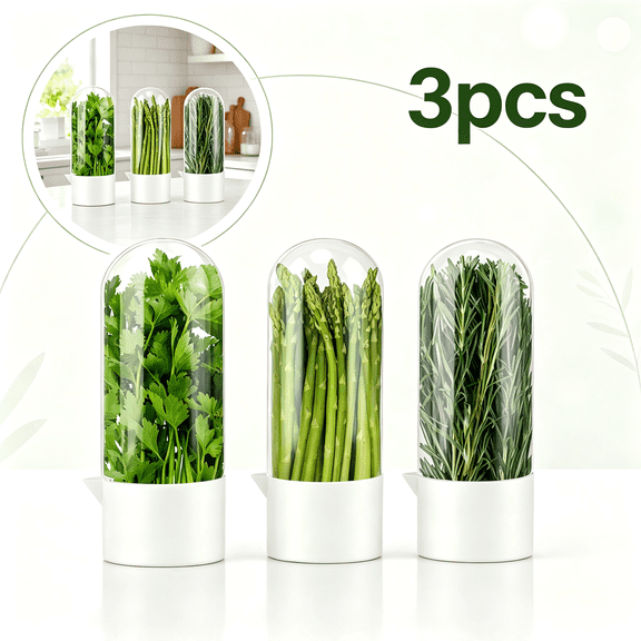 Refrigerator Herb Keeper Containers with Water Reservoir, Fresh Herb Storage for Basil, Mint, Cilantro, Green Onions, 3 Pack