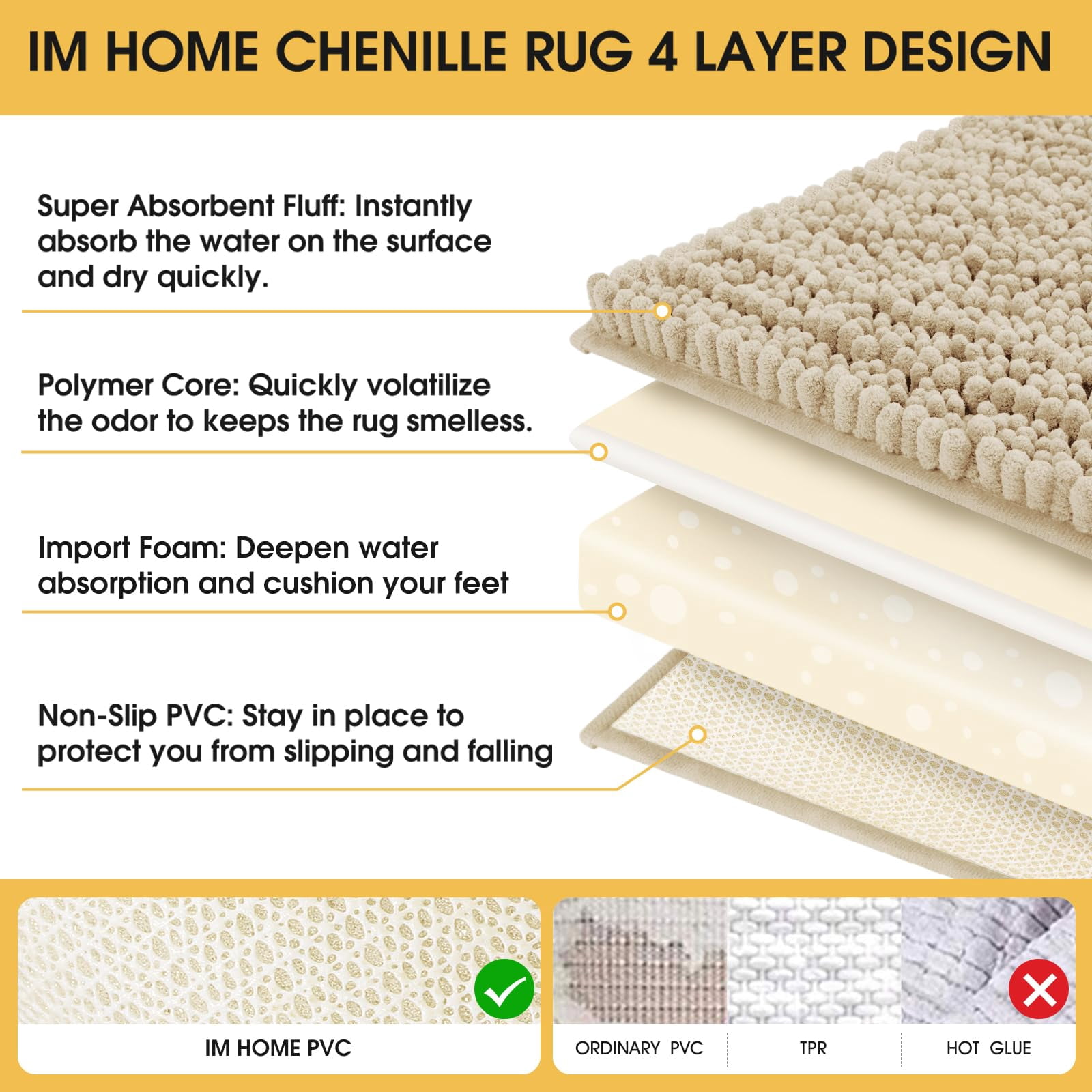 HAKUNA Upgrade Extra Large Beige Bathroom Rug Set 2 Pieces 24"x17"+48"x20" Ultra Soft, Thick Absorbent Bath Mats, Non Slip Chenille Toilet Mat for Bathroom, Bedroom, Kitchen