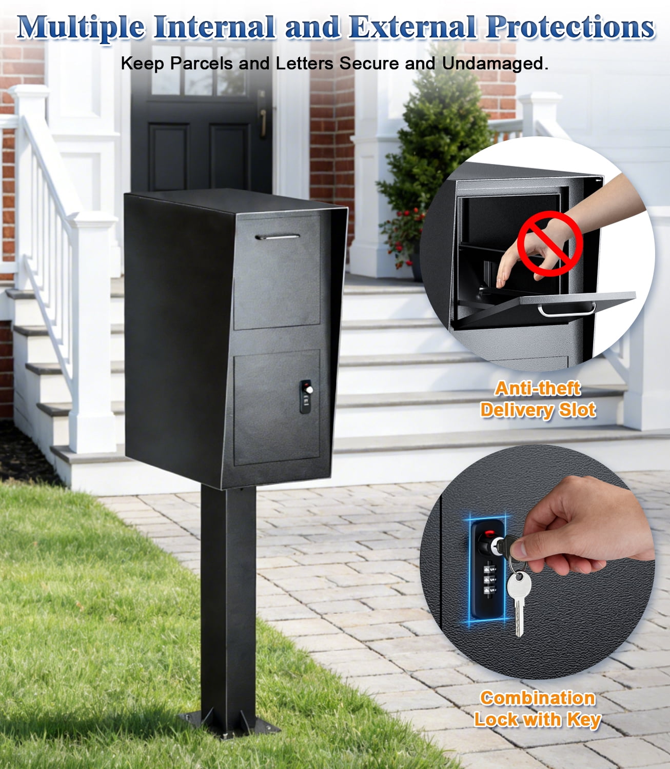 Esheno All in One Locking Mailbox Galvanized Steel with Combo Lock Key Weatherproof for Mail Packages Black