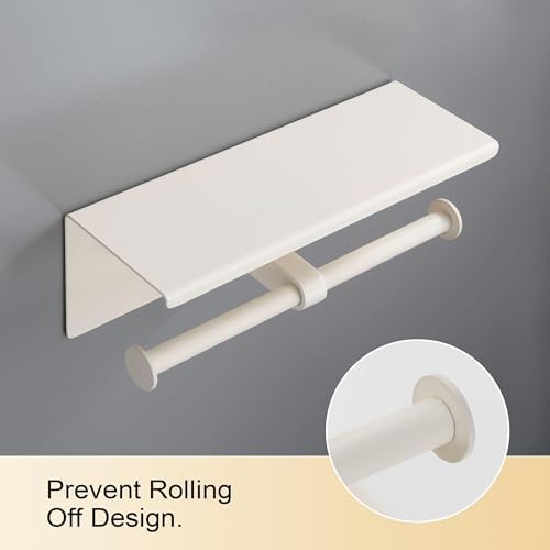 Double Toilet Paper Holder with Shelf White Stainless Steel 304 Wall Mount Double Toilet Roll Holder for Bathroom