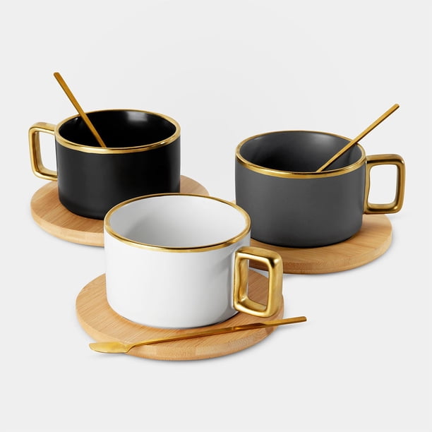 Paquete con 10 piezas de Taza de cerámica base de bambú y cuchara gris 9.2 x 6.3