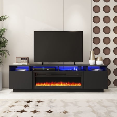 LED TV Stand with Fireplace - Entertainment Unit Glossy Black - Modern ...
