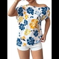 thumbnail image 2 of Blusa de Verano con Estampado Floral Fruncido y Hombros Descubiertos para Mujer. Azul L, 2 of 10