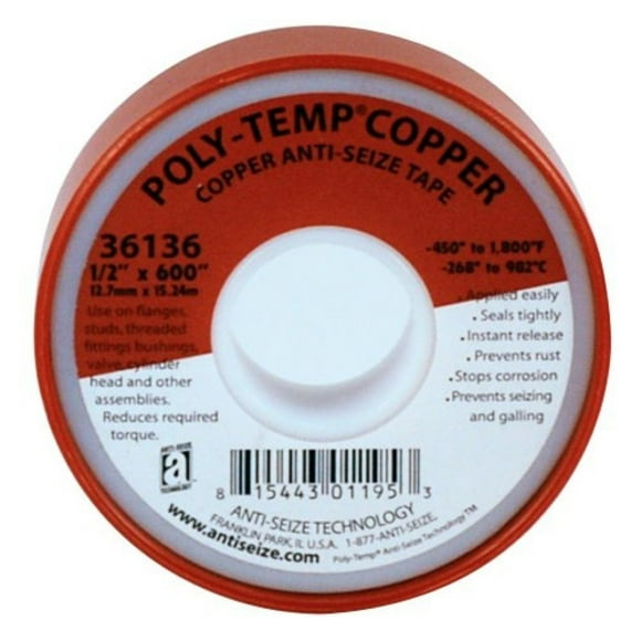 Poly-Temp 36136 Anti-Seize Copper Filled PTFE Thread Seal Tape, 600" Length x 1/2" Width x 3.5 Mil Thickness