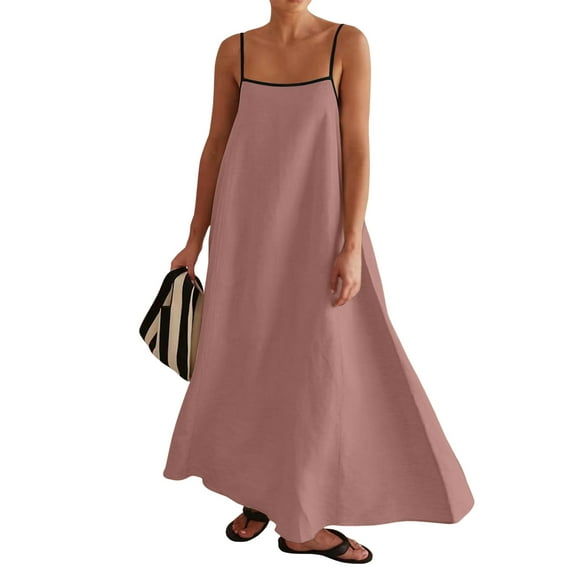 WTOBBY Women's Loose Comfortable Casual Color Block Cotton Linen Suspender Large Swing Dress with Breathable Material and Adjustable Straps,Pink S