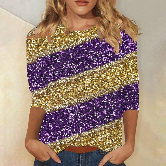 CLOISE Womens 3/4 Sleeve Tops Mardi Gras Plus Size Shirts Crewneck Holiday Pullover Purple Green Gold Loose Holiday Blouses