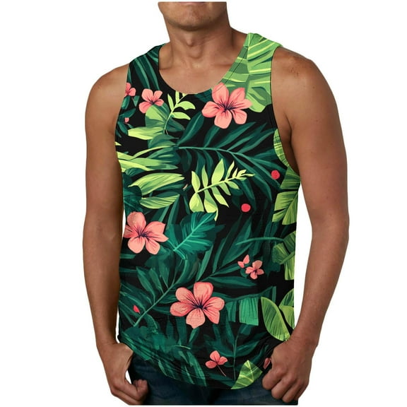 Chiccall Mens Hawaiian Floral Tank Tops Summer Beach Tropical Graphic Tees Crew Neck Sleeveless Tops Army Green XL