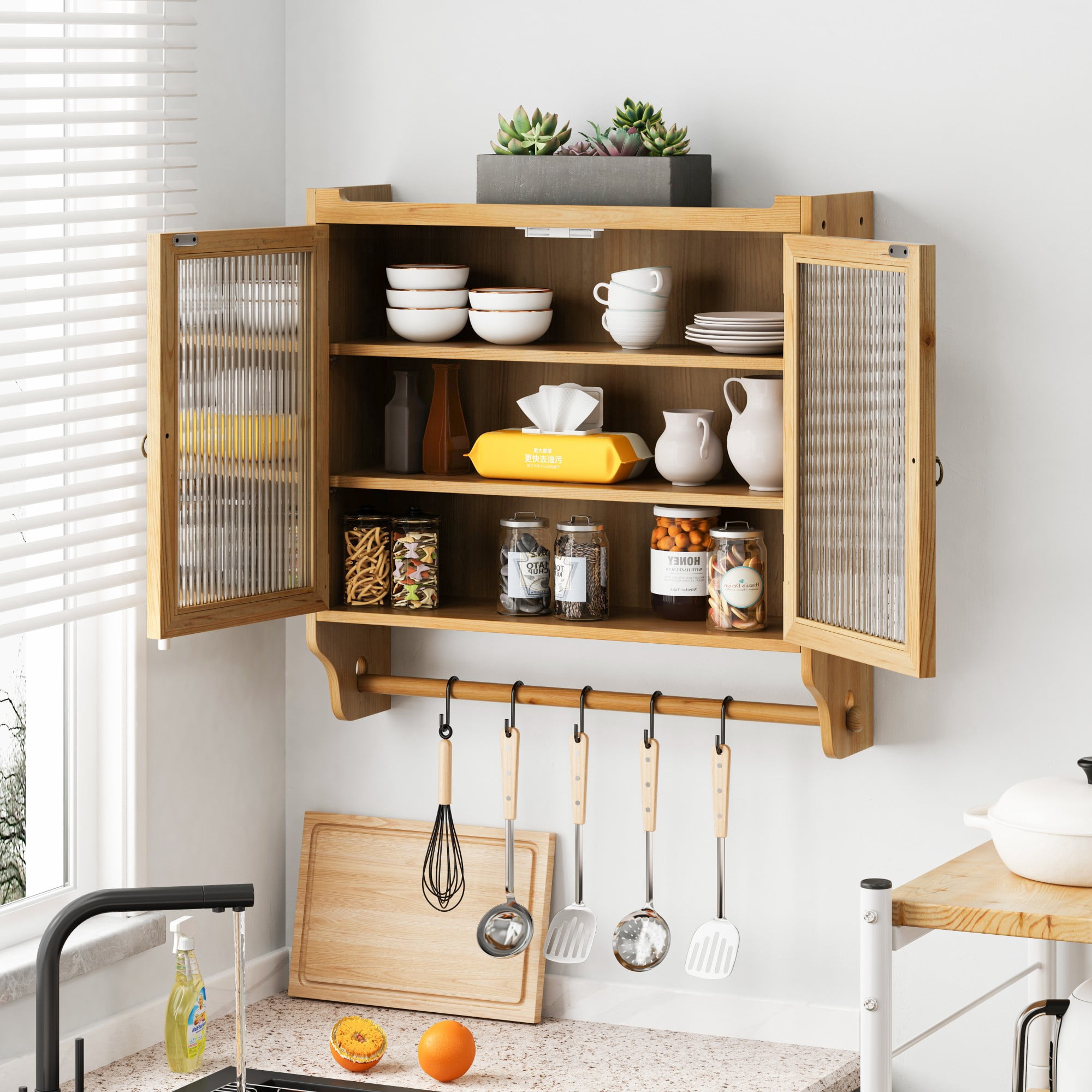 Bathroom Cabinet,Glass Door Vintage Double Door Wall Cabine with Three Tiers of Storage with Towel Rack for Bathroom, Kitchen,Dining Room,Natural
