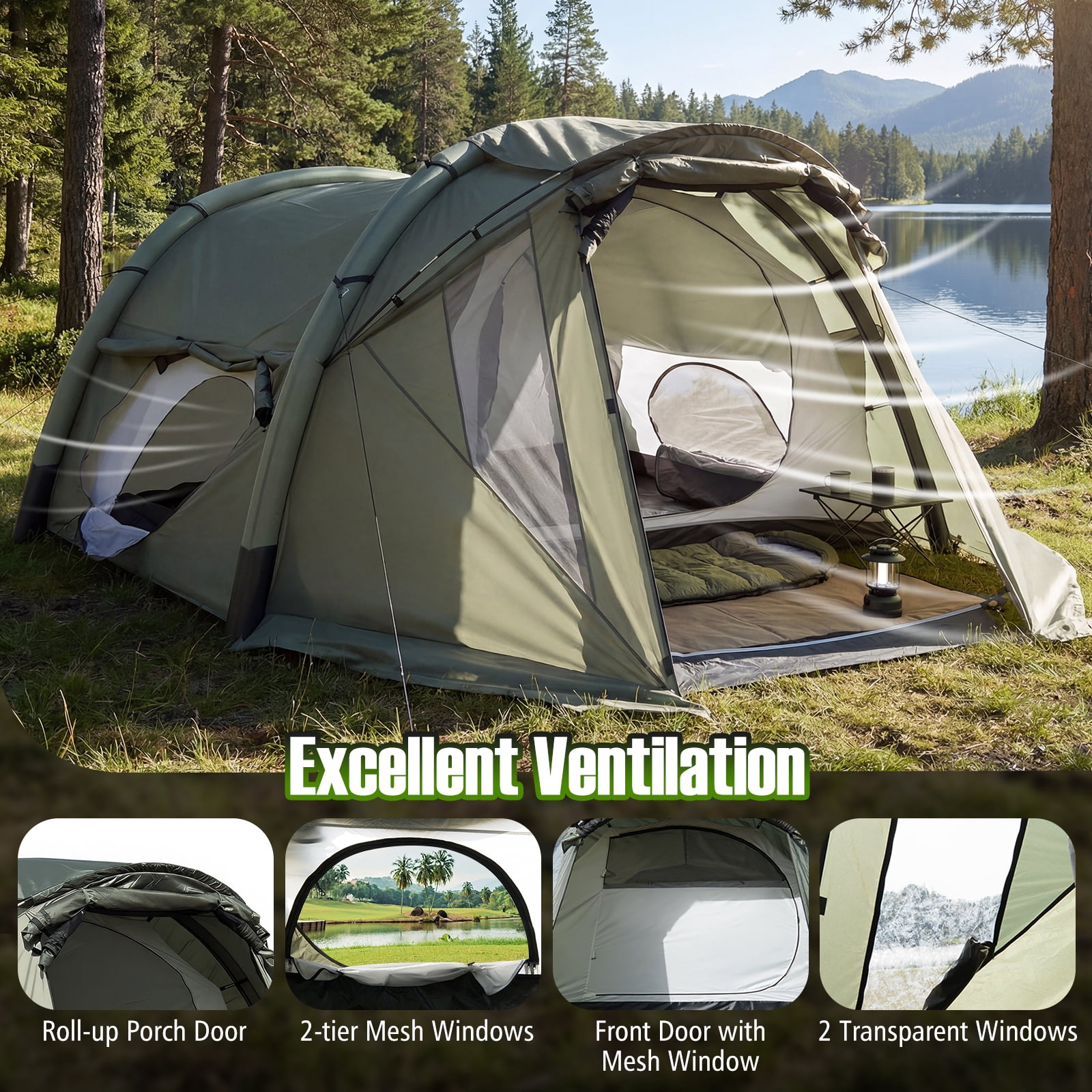 Costway Inflatable Camping Tent with Screened Porch, Mesh & Transparent Windows, Door