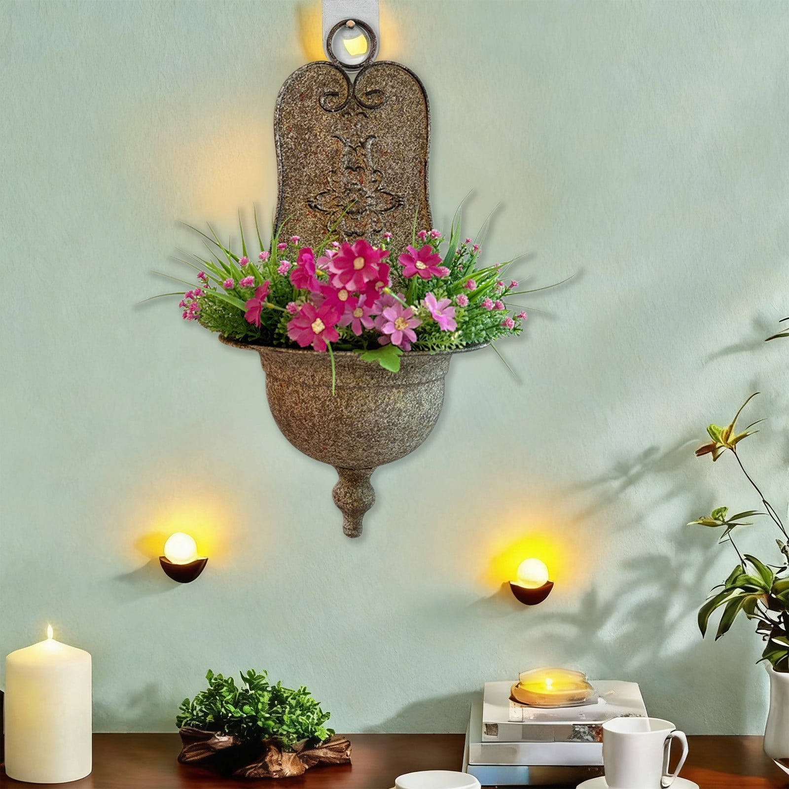 Plant Pots Antique Victorian Style Metal Wall Planter Holder Half Round Hanging Basket Flower Pots Unique Pastoral Retro Decoration For Air Plants Indoor