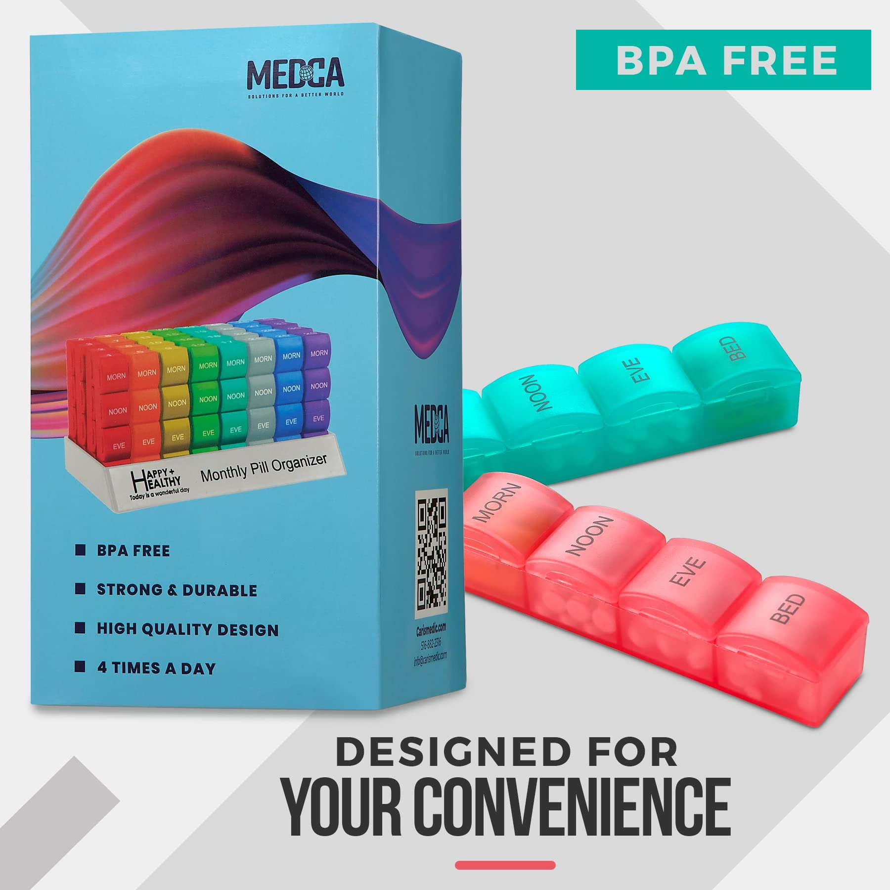 MEDca Monthly Pill Organizer - 32 Daily Cases, 4 Times a Day, Rainbow