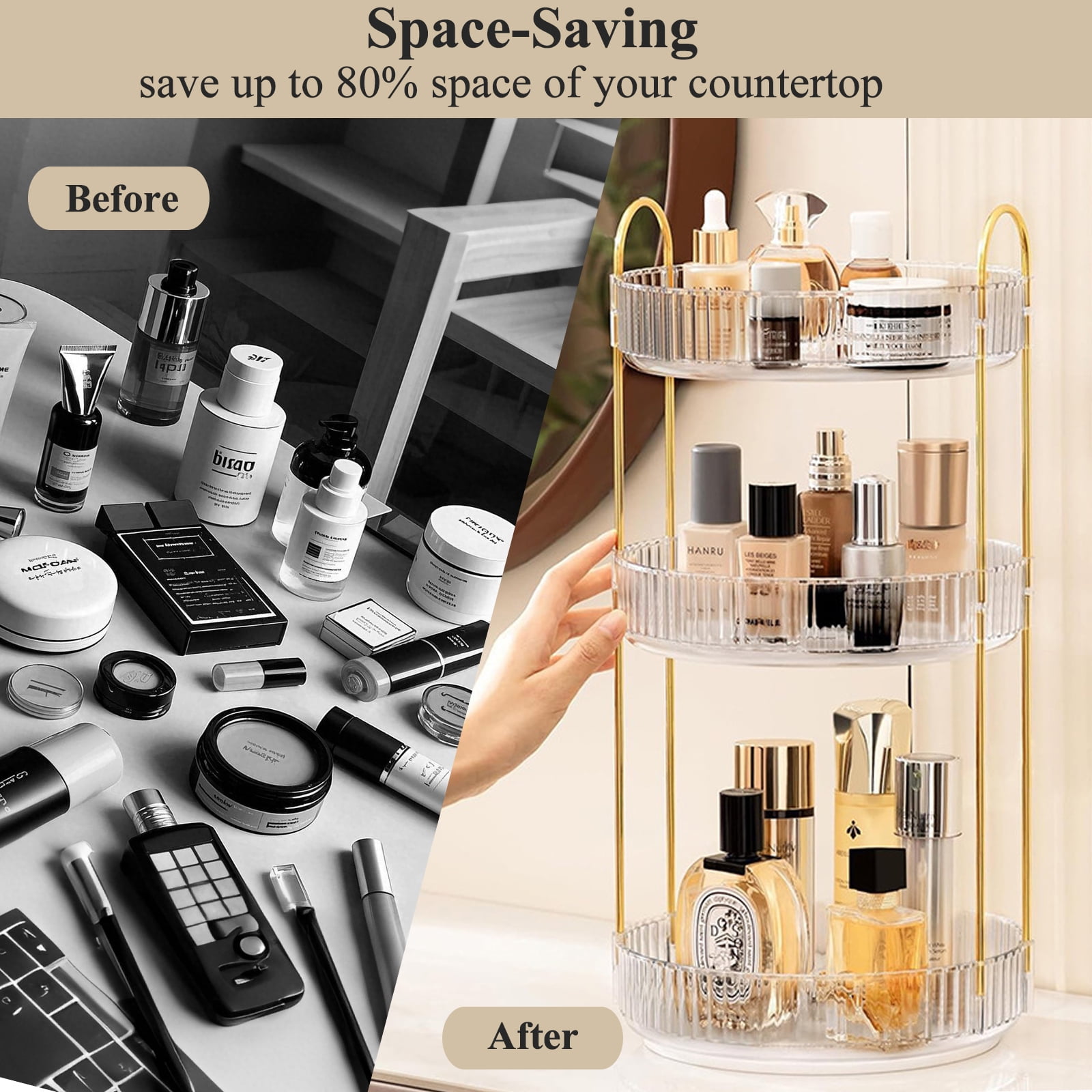 Kisportee 360° Rotating Makeup Organizer for Vanity, 3 Tier Large Skincare Make Up Storage Perfume Organizers for Bathroom Counter, Clear Cosmetic Dresser Lipstick Spinning Holder