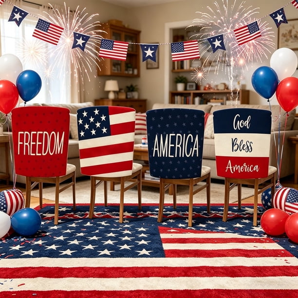 YiJuHui Independence Day Chair Covers Set of 4, Patriotic Memorial Day 4th of July Decorations for Home Kitchen Dining Party, Reusable Polyester Holiday Chair Back Covers, Flag Theme Party Supplies