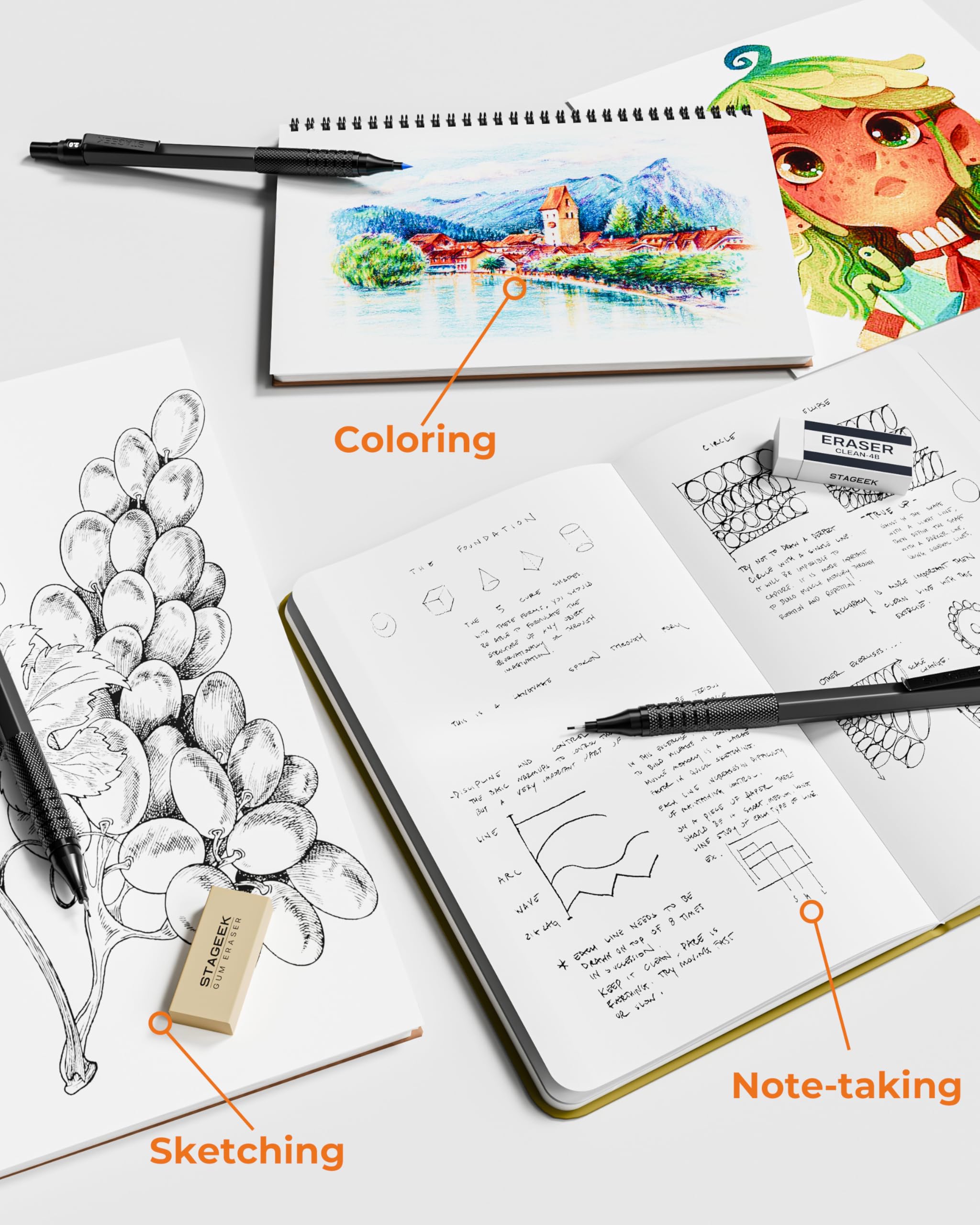 STAGEEKC Metal Mechanical Pencil Set in Leather Case, 5PCS Art Drafting Pencil 0.3, 0.5, 0.7, 0.9 & 2mm Lead Holder, 9 Tube (4B 2B HB 2H Colors) Lead Refills for Drawing, Sketching, Writing (Black)