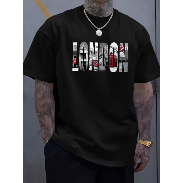 Camiseta informal holgada con estampado vibrante de Londres - Camiseta de verano de manga corta para hombre - Cuello redondo cómodo, moda versátil para el día a día, camiseta esencial para primavera y