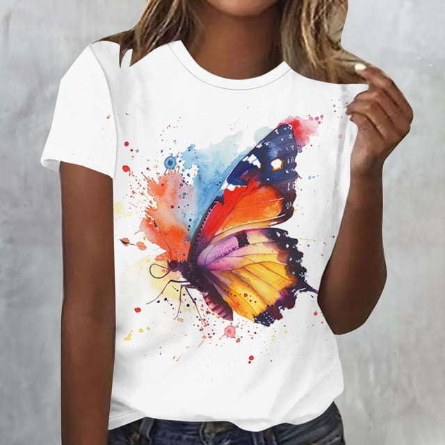 Fiudx Ofertas Flash Del Día Solo En Línea Blusa de Manga Corta con Estampado de Moda para Mujer, Camiseta con Cuello Redondo, Tops Informales