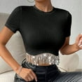 thumbnail image 6 of fatyb Womens Ribbed Crop Tops with Sequin Fringe Sparkly Short Sleeve Tshirts Round Neck Knit Tee Tops, 6 of 7