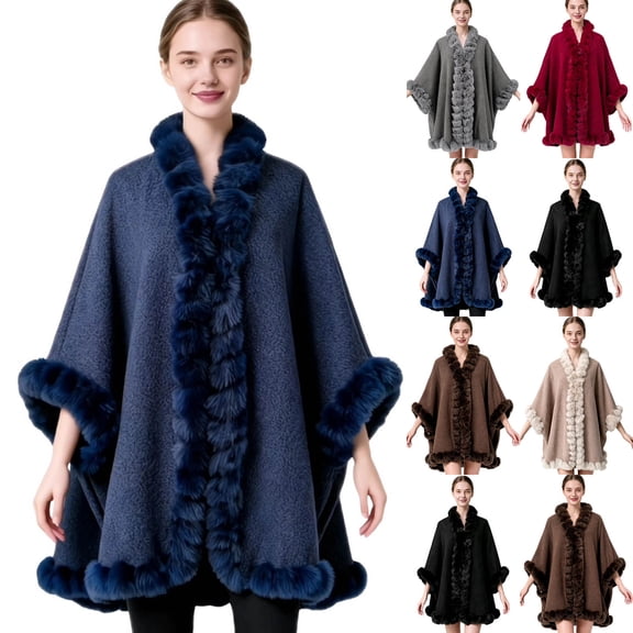 Fewfanhot Ruffled Faux Fur Trim Wool Blend Poncho Cape, Open Front Warm Wrap Shawl Coat for Women Winter