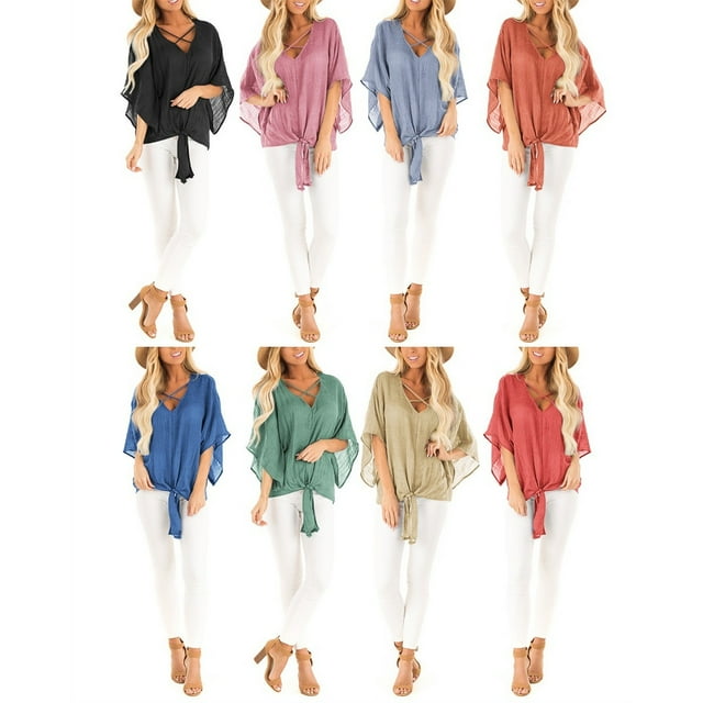 Vêtements de Mode pour Femmes, Blouse d'Été Unie, Chandail-Over Décontracté Noué