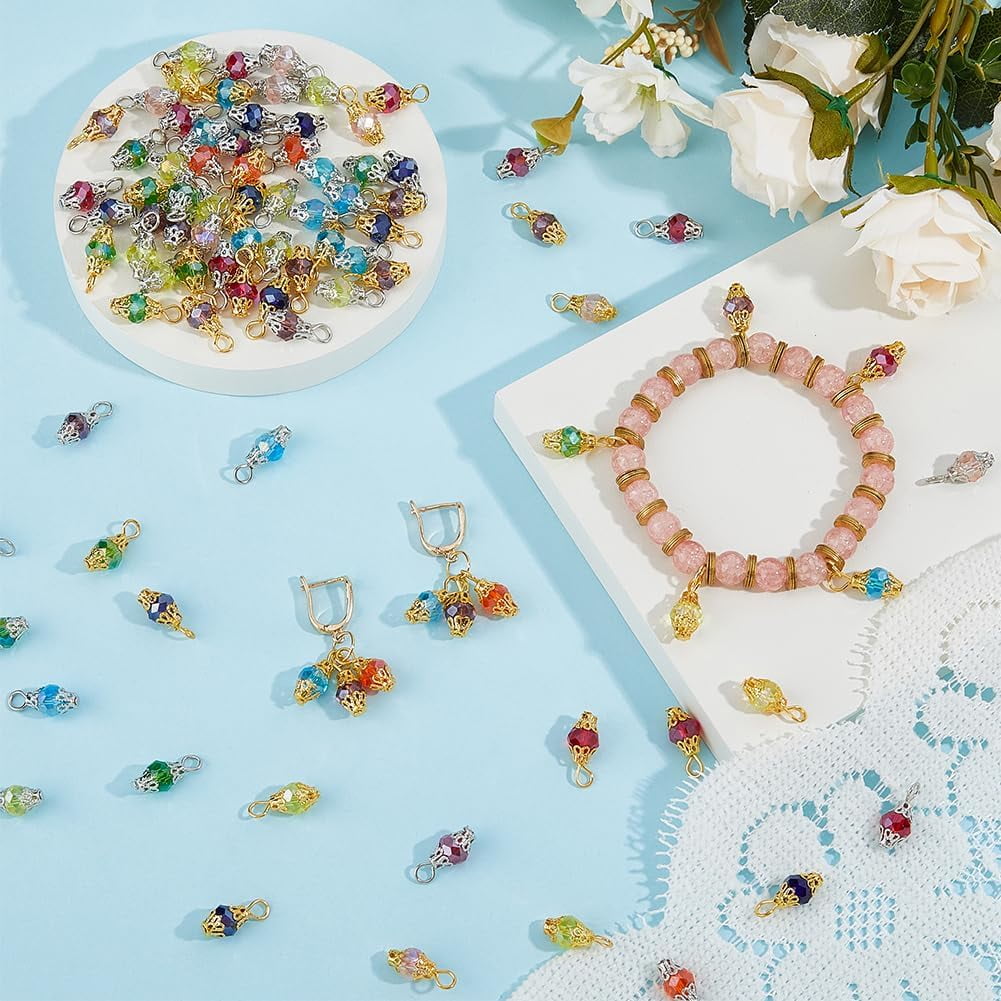 320pcs 6 Colors Crystal Dangle Charms Colorful Glass Crystal Pendants Glass Drop Bead Charm with Golden & Platinum Bead Cap for Necklace Bracelet Earring Jewelry Making