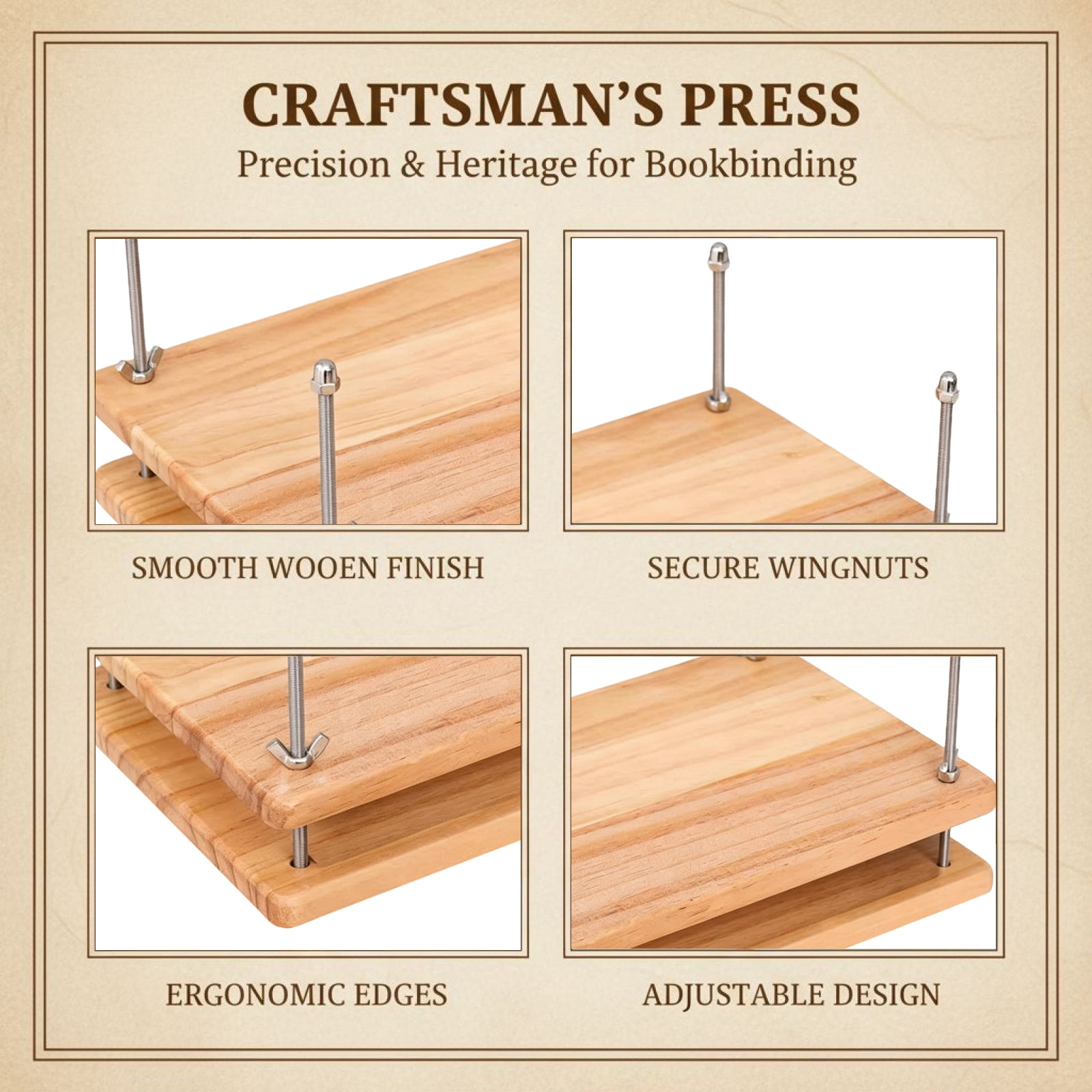 Wooden Bookbinding Press Kit, Portable Solid Wood Repair Clamp with Adjustable Screws, Complete Book Binding Tool Set for Old Book Repair, Handmade Journals, and Paper Craft